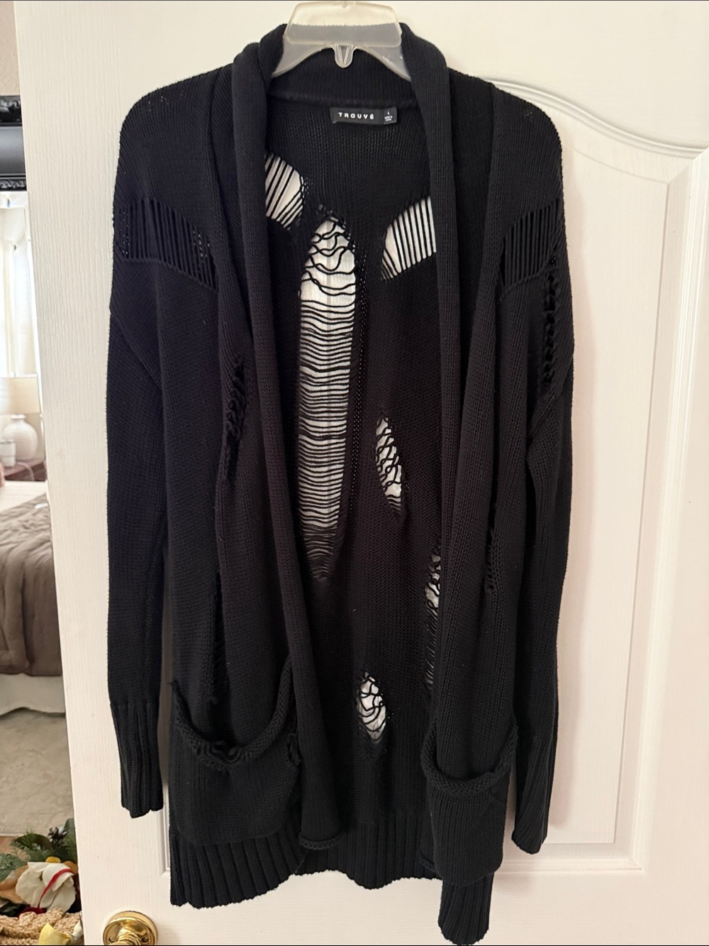 Trouve Black Distressed Open-Front Cardigan